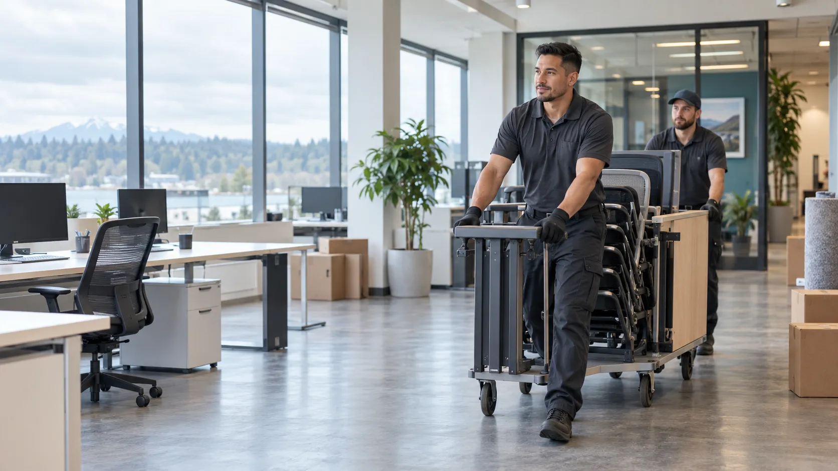 Professional crew moving office chairs and a desk through a modern office