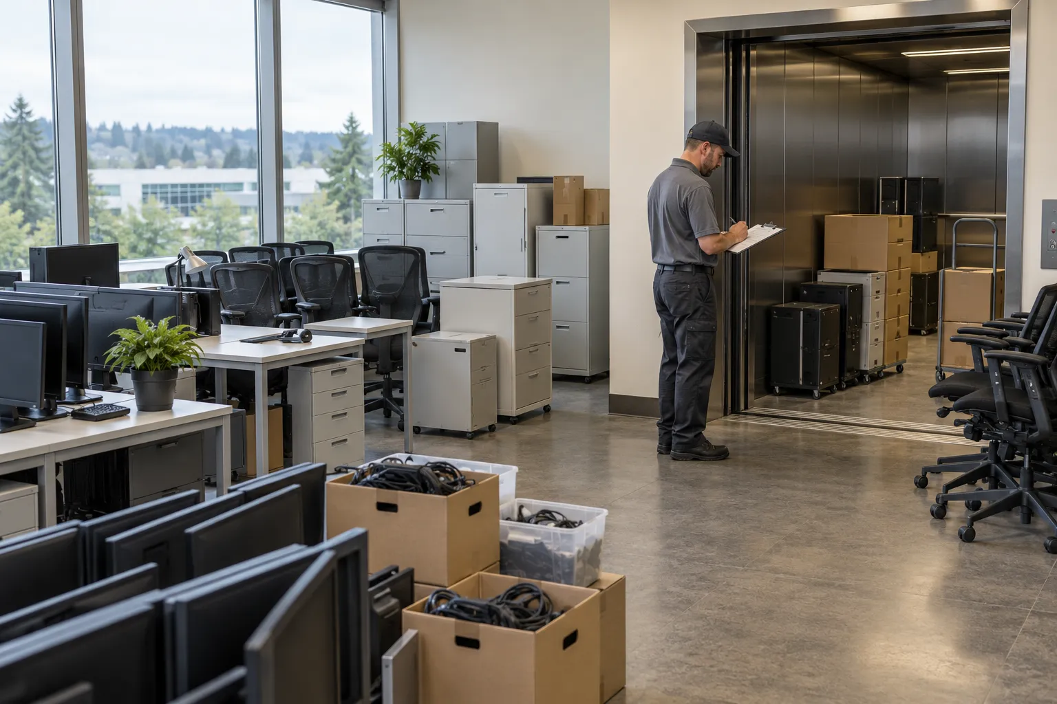 Office furniture and equipment staged near a freight elevator